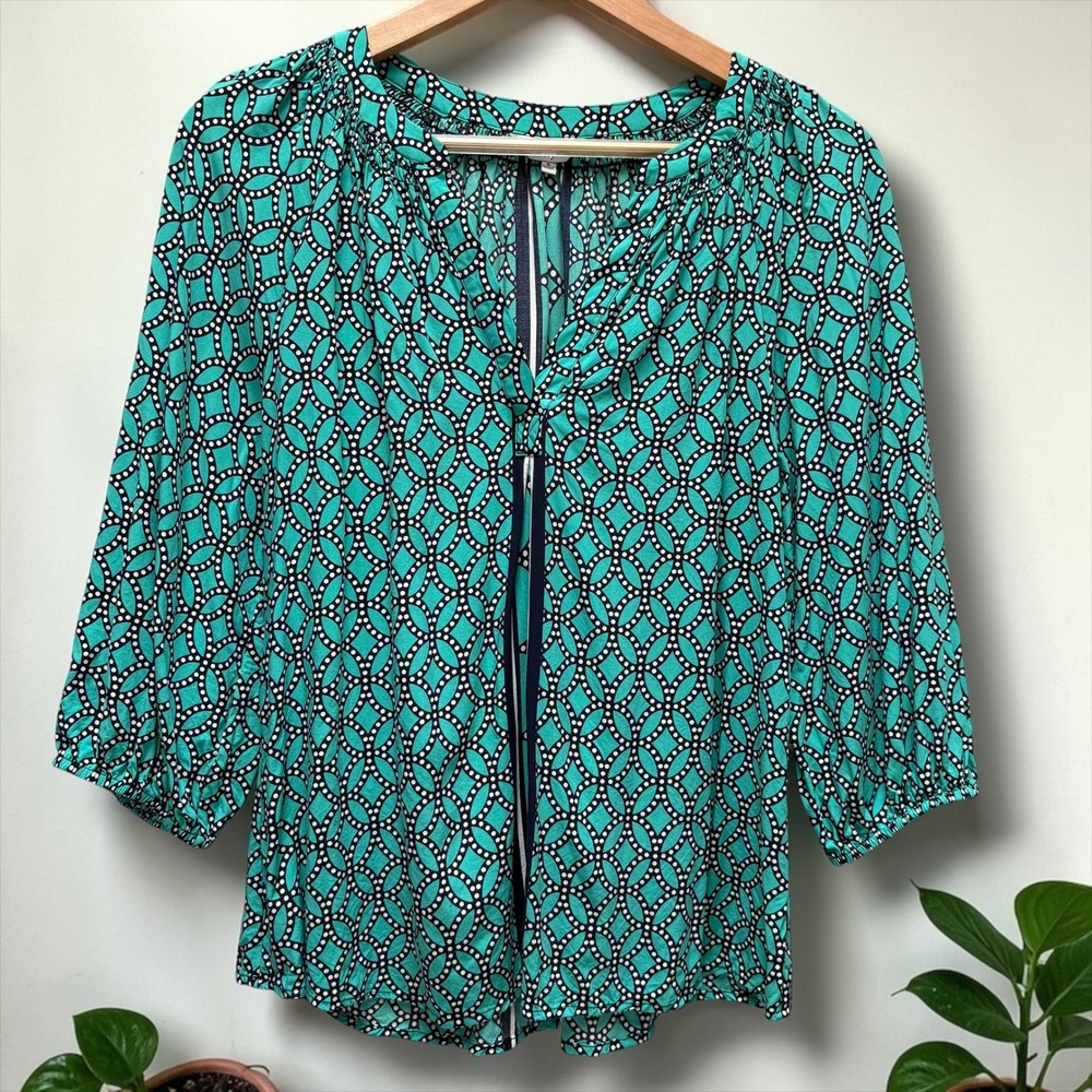 Crown & Ivy Womens Teal Geometric Circle Print Split Neck Peasant Blouse Small